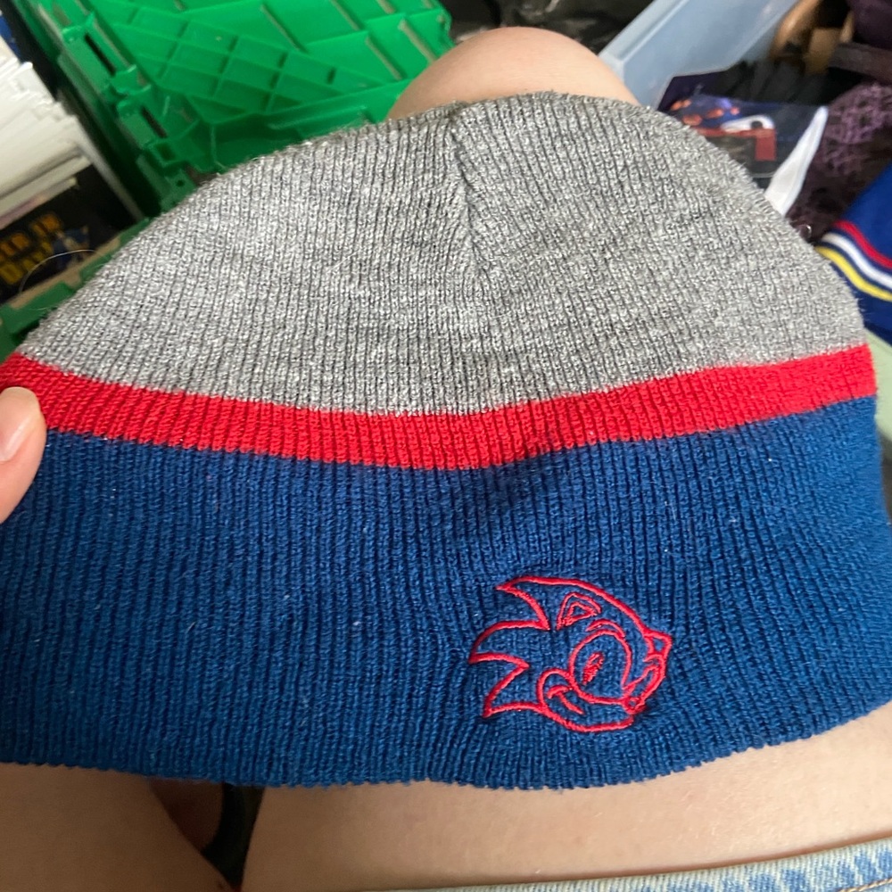Gray and Blue Beanie with Red Accent